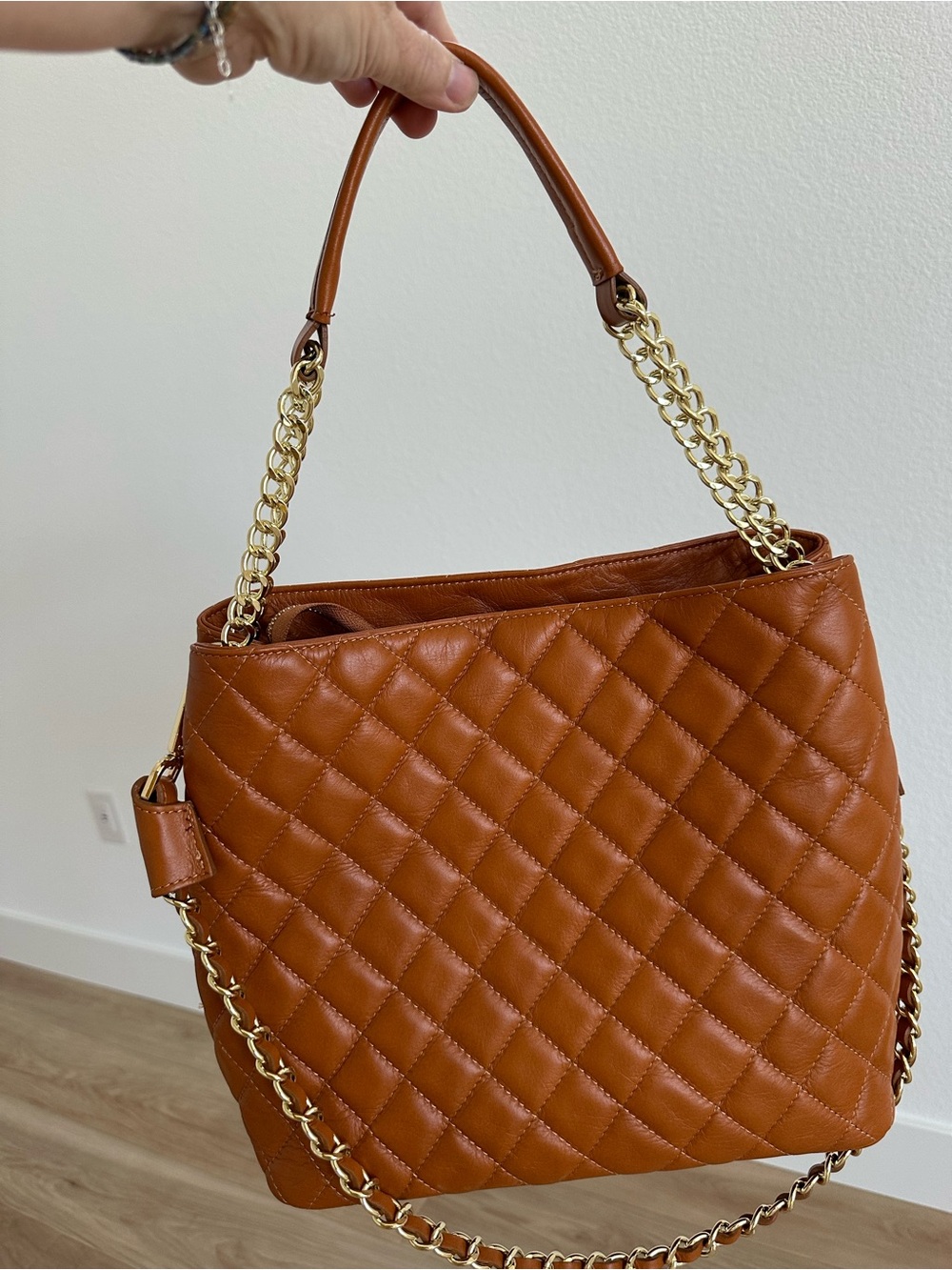 Quilted Leather Shoulder Bag in Cognac Brown, new without tags